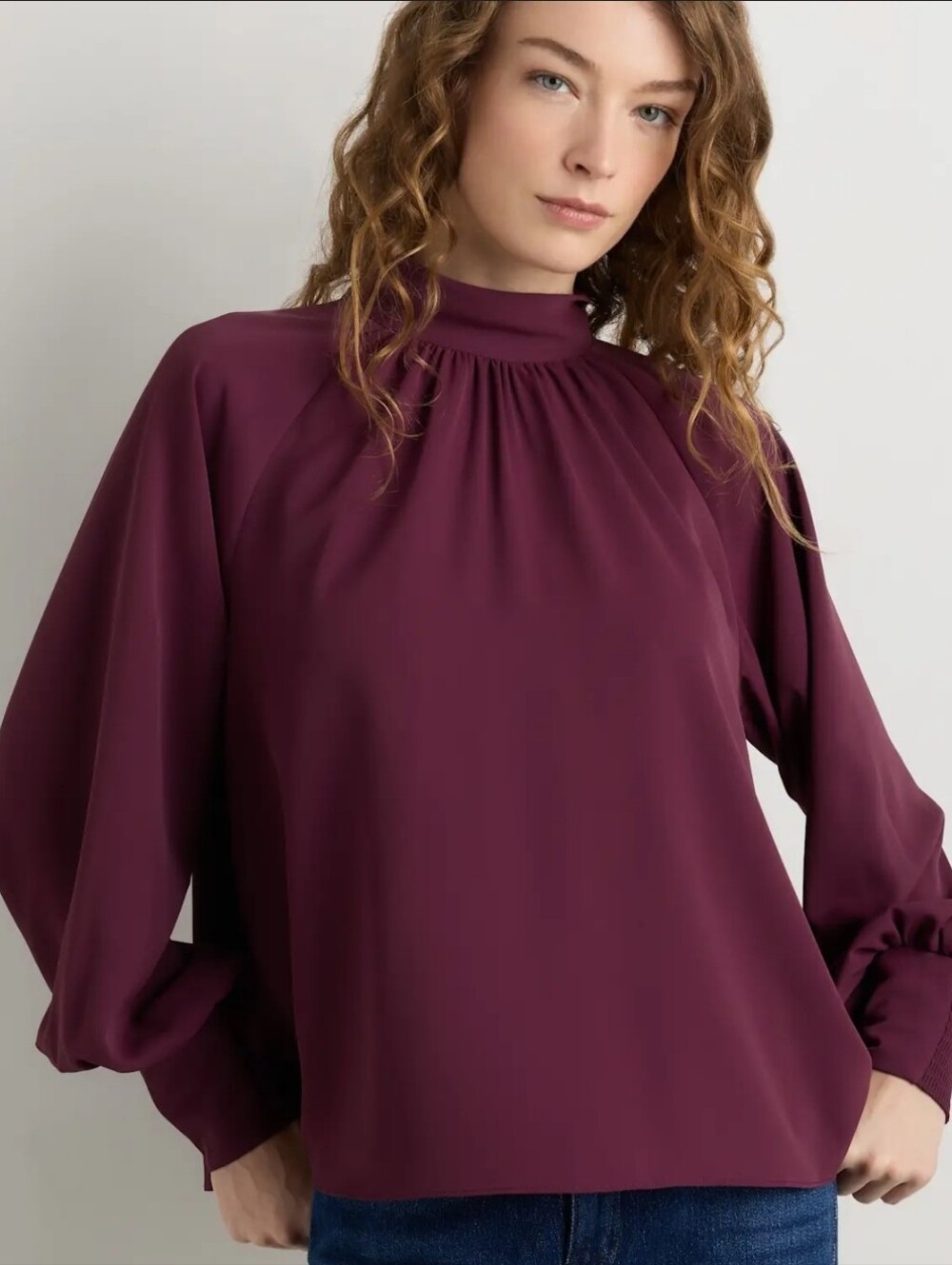 Quince Womens High-Neck Long-Sleeve Blouse in Deep Plum